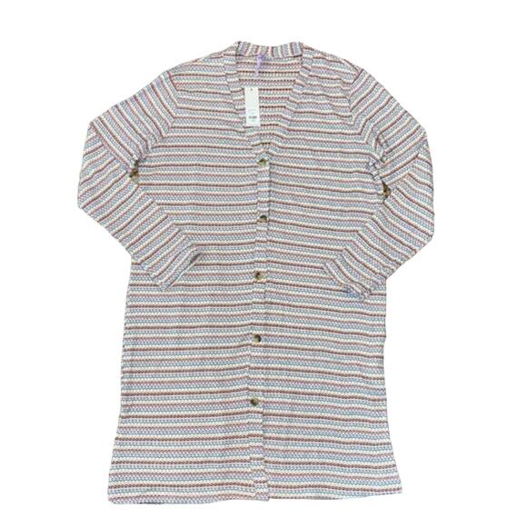 NWT Francesca's Collections White Waffle Knit Striped Tunic Cardigan -SIZE LARGE - Picture 1 of 7